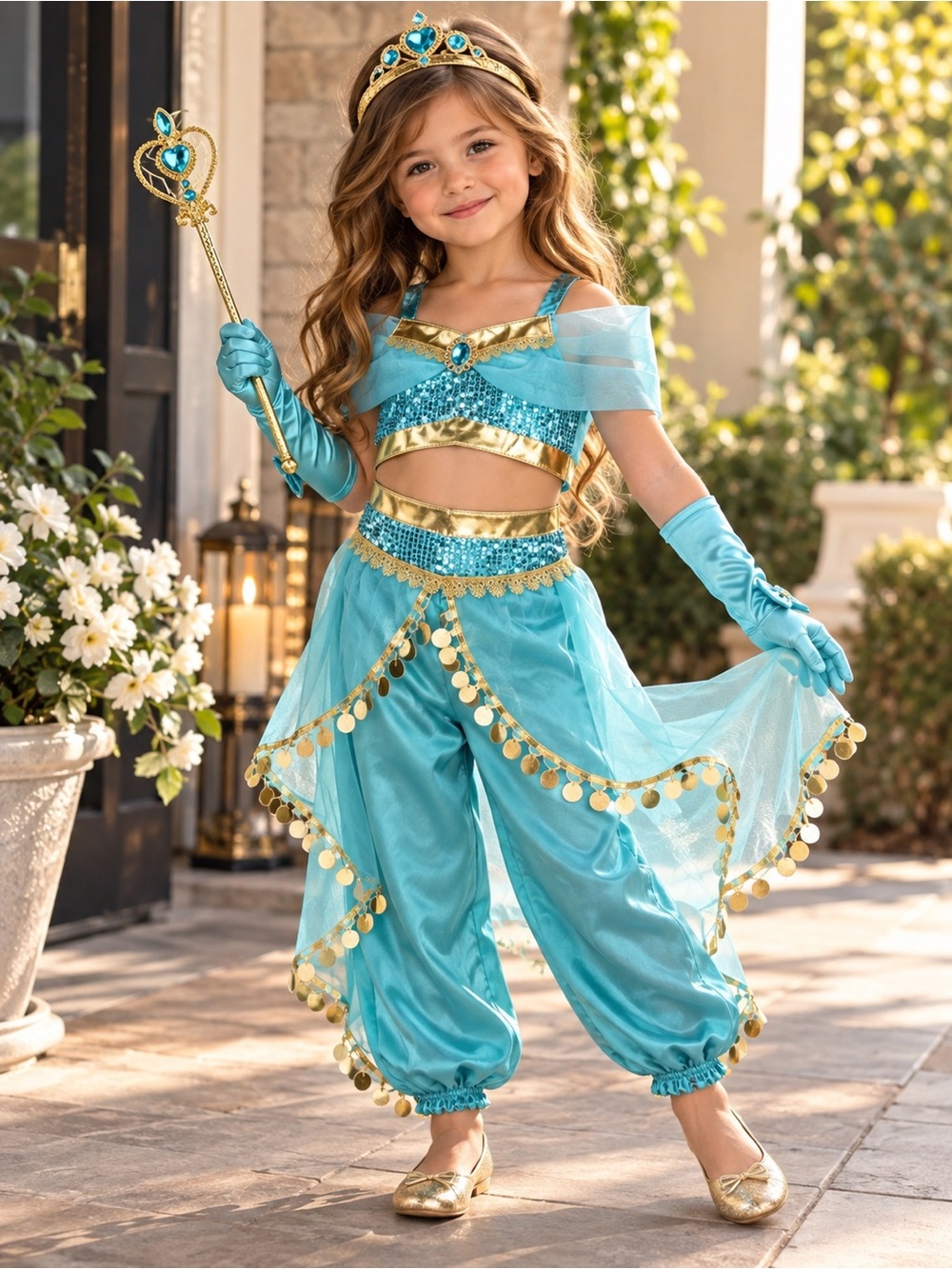 Princess Jasmine Costume Girls Size 120 Turquoise Gold NWT + Accessories